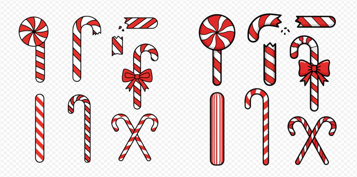 Assortment of festive red and white striped Christmas candy canes and round lollipops, some broken or adorned with bows, presented as vector illustrations.