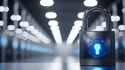Digital padlock with glowing keyhole in a futuristic server room symbolizing data security and cyber protection.