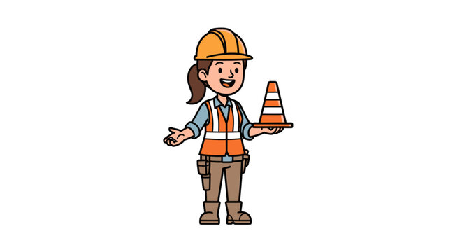 vector illustration of Female construction worker with safety equipment and traffic cone in hand. The worker is smiling and appears ready for work. The setting suggests a construction site.