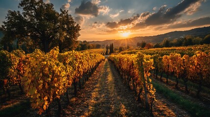 Naklejka premium Breathtaking sunset over lush vineyard during autumn harvest with golden sunlight glowing