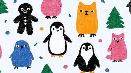 Obraz premium Colorful flat illustration featuring various cute animals including penguins, a fox, and a bear, surrounded by playful shapes and trees, creating a whimsical and cheerful atmosphere for children's des