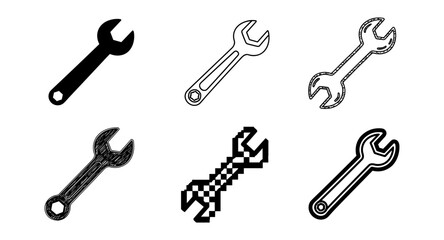 Naklejka premium Variety of wrench designs: silhouette, outline, pixel art, and 3d styles