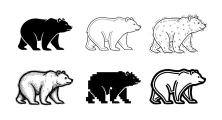 Fototapeta premium Diverse bear silhouettes and line art in various artistic styles