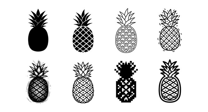 Diverse pineapple designs: monochrome silhouettes and patterns