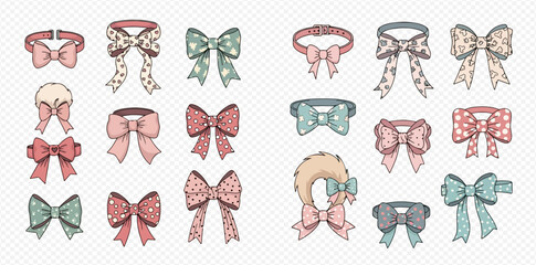 A collection of various pastel-colored bows and bow-shaped accessories with different patterns like polka dots, stars, and floral designs, suitable for decorative graphic resources.