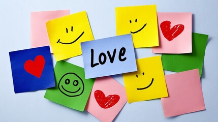 Colorful sticky notes arranged creatively with smiley faces and hearts, featuring the word love prominently, conveying emotions and positive feelings in a vibrant and cheerful display