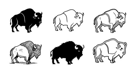 Obraz premium Set of bison designs: silhouette, linear, pixel, and hand-drawn styles