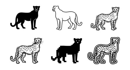 Diverse cheetah designs: silhouette, outline, dotted, pixelated, contour styles