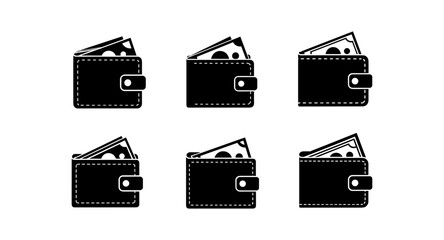 Black wallet icons in silhouette style with cash insert