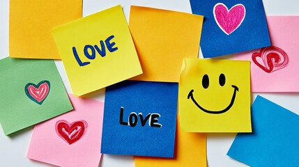 Colorful sticky notes with cheerful messages and symbols, including hearts and smiley faces, create a vibrant atmosphere of positivity and affection, perfect for expressing love and joy