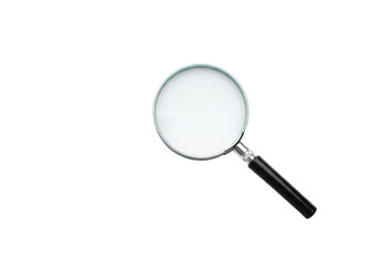 Modern magnifying glass with clear lens, chrome frame, matte black handle, on transparent studio surface, top-down, shadowless, copy space. Concept of detailed analysis and strategic insight
