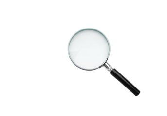 Modern magnifying glass with clear lens, chrome frame, matte black handle, on transparent studio surface, top-down, shadowless, copy space. Concept of detailed analysis and strategic insight