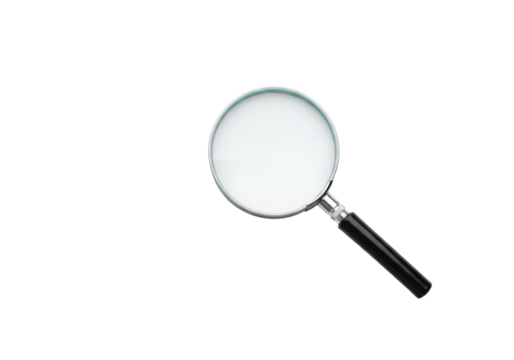 Modern magnifying glass with clear lens, chrome frame, matte black handle, on transparent studio surface, top-down, shadowless, copy space. Concept of detailed analysis and strategic insight