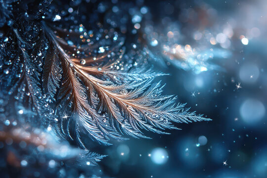 Icy Feather with Dewdrops on Dark Blue Background - Powered by Adobe