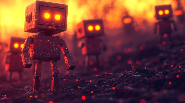 Futuristic boxy robots with glowing orange eyes stand in a desolate landscape under an apocalyptic fiery orange sky. - Powered by Adobe
