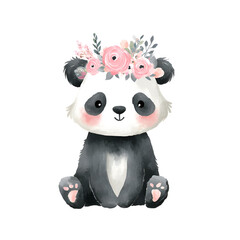 Naklejka premium Cute baby panda with pink floral crown adorable kawaii Valentine clipart