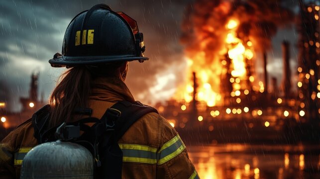 A determined firefighter stands bravely amidst a backdrop of flames and smoke, embodying courage and resilience in the face of danger, capturing a moment of heroism in action.