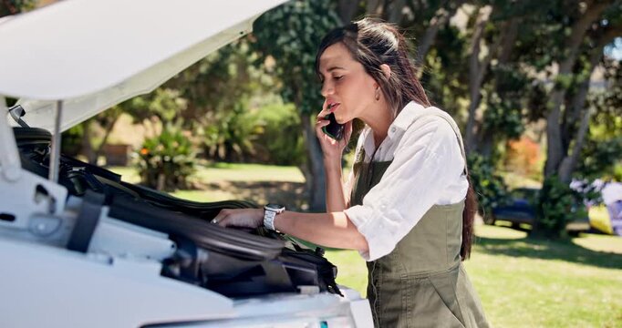 Frustrated woman, car trouble and phone call with roadside assistance for help, guide or repair. Female person, breakdown and talking with mechnical engineer for vehicle fix, communication or problem