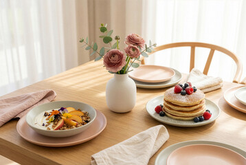 Healthy Morning Breakfast with Pancakes and Fruit Yogurt