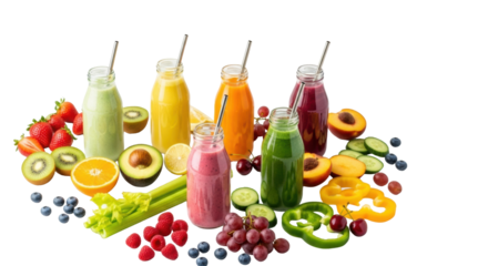 Six clear glass bottles with vibrant smoothies, eco-friendly straws on a transparent surface, surrounded by fresh fruits and vegetables. Natural goodness and healthy living concept