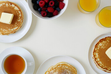 Morning breakfast with pancakes berries and orange juice