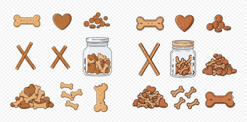 A collection of various dog treats and biscuits, including bone shapes, heart shapes, pellets, and sticks, some in a jar and some in piles.