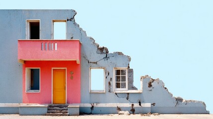 Abandoned building with vibrant pink and yellow facade, showcasing crumbling walls and missing windows, set against a clear blue sky, representing urban decay and resilience in architecture