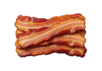 A neatly arranged pile of crispy streaky pork bacon strips, golden-brown with rendered fat and charred edges, glistening on a transparent background. Concept of culinary delight and premium quality