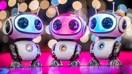Three Futuristic AI Robots with Colorful Glowing Eyes on a Vibrant Reflective Surface with Bokeh Lights