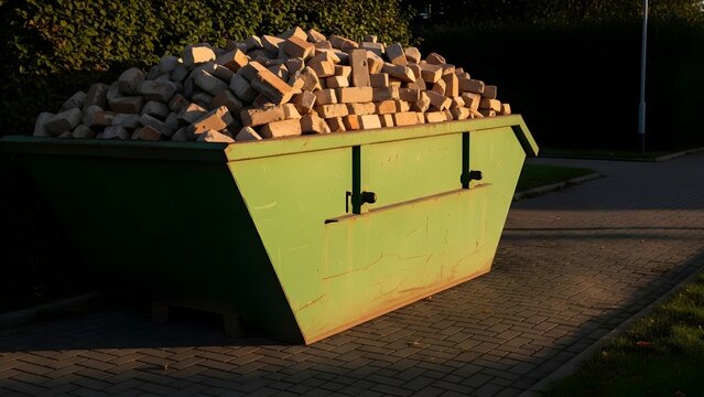 Green skip bin full of bricks on a sunny day ready for waste disposal.