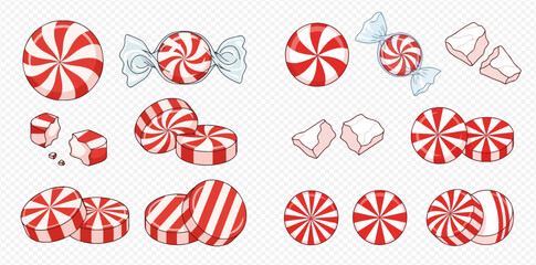 Collection of various red and white striped peppermint candies, some wrapped, some unwrapped, and some broken pieces, on a transparent background.