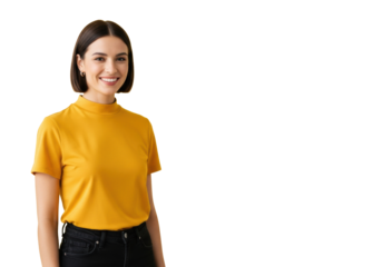 Young caucasian woman, dark bob, smiling confidently in mustard yellow top, bright yellow studio background, soft high-key light, copy space, concept of modern professional approachability