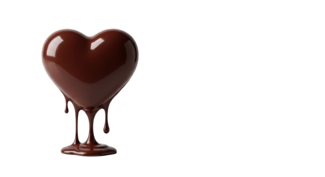 A single, perfectly formed, glossy dark chocolate heart, slightly melted with elegant drips, centered on a transparent background with copy space, concept of sweet indulgence