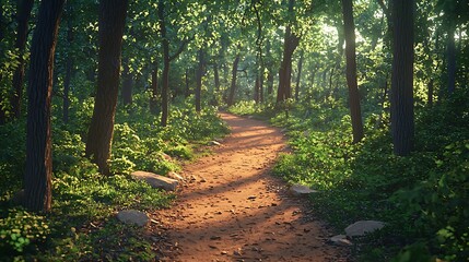 Obraz premium Empty winding dirt path through a lush green forest with dappled sunlight filtering through tall trees and vibrant foliage