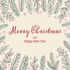 Holiday square card with whimsical winter plants and typography in retro ink style. Flat vector illustration in green red colors. Modern Christmas design for background, social media, cover