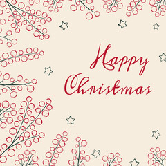 Celebration square card with contour ilex branches and typography in vintage ink style. Flat vector illustration in green red colors. Trendy design for background, social media, cover