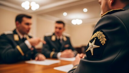 Military officers in uniform discussing important matters at a table in a formal setting.