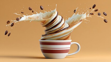 Coffee cup with swirling liquid and splashes, surrounded by flying coffee beans, creating dynamic motion and energy, showcasing the essence of a vibrant coffee experience