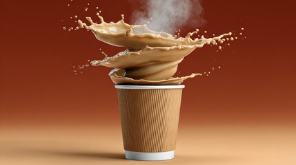 Coffee cup with splash of liquid, creating dynamic motion, against a warm gradient background, showcasing the energy and excitement of beverage enjoyment in a modern setting