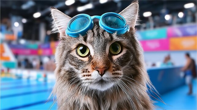 Cat wearing blue swimming goggles, posing confidently in front of a vibrant swimming pool, showcasing a playful and adventurous spirit in a fun aquatic environment