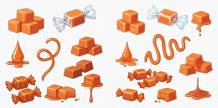 Set of delicious caramel candies, cubes, and liquid sauce elements, perfect for sweet dessert designs.