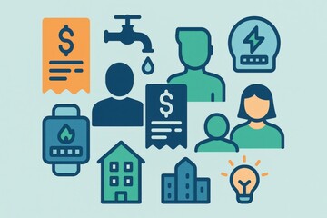 Fototapeta premium Recognizing the interconnected elements of utility management with diverse icons representing water, electricity, housing, and expenses to convey the essence of modern living