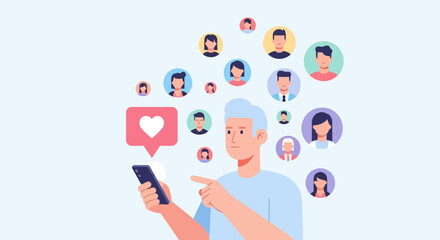 Digital social interaction concept featuring an elderly man engaging with