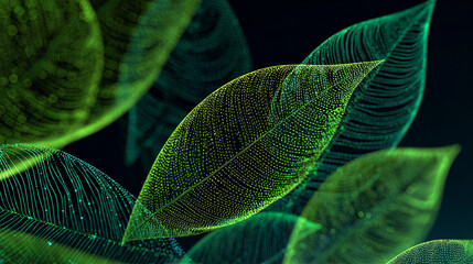 Abstract green energy data visualization lines forming a leaf pattern.