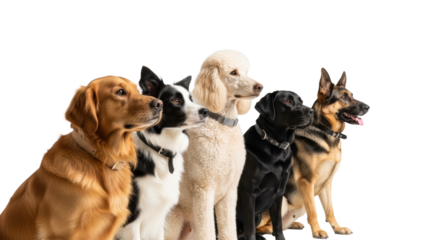 Five adult Golden Retriever, Border Collie, Poodle, Labrador, German Shepherd dogs with diverse fur in a professional studio on a white floor, looking forward intently with soft light. Concept of
