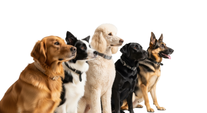 Five adult Golden Retriever, Border Collie, Poodle, Labrador, German Shepherd dogs with diverse fur in a professional studio on a white floor, looking forward intently with soft light. Concept of