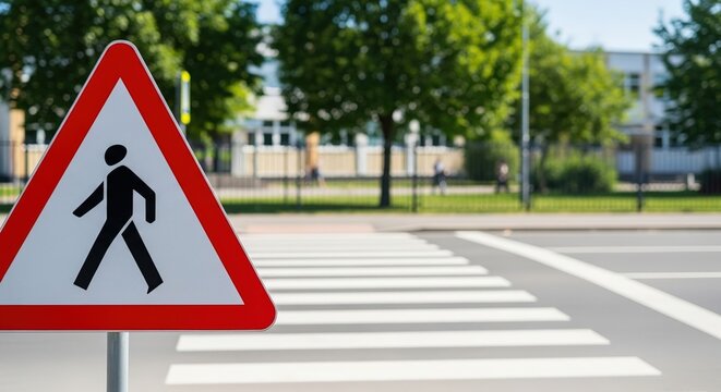Traffic warning sign indicating pedestrian crossing with vibrant red triangular shape, positioned near a crosswalk in a sunny urban environment with trees and buildings