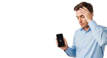 A young caucasian man in a light blue business shirt holds a black smartphone with a flawed screen, hand to forehead on a transparent studio background, concept of modern technological frustration