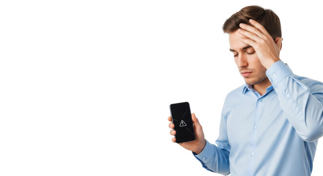 A young caucasian man in a light blue business shirt holds a black smartphone with a flawed screen, hand to forehead on a transparent studio background, concept of modern technological frustration