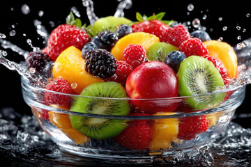 Vibrant bowl of fresh fruit splashes in clear water against a dark background